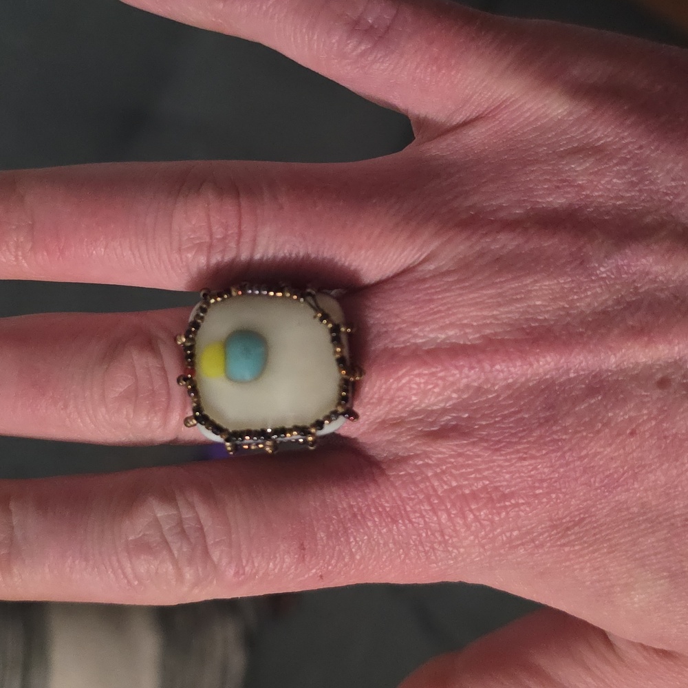 Vintage Avant Garde Glass Bead Ring with Blue And Yellow Accents Size 8